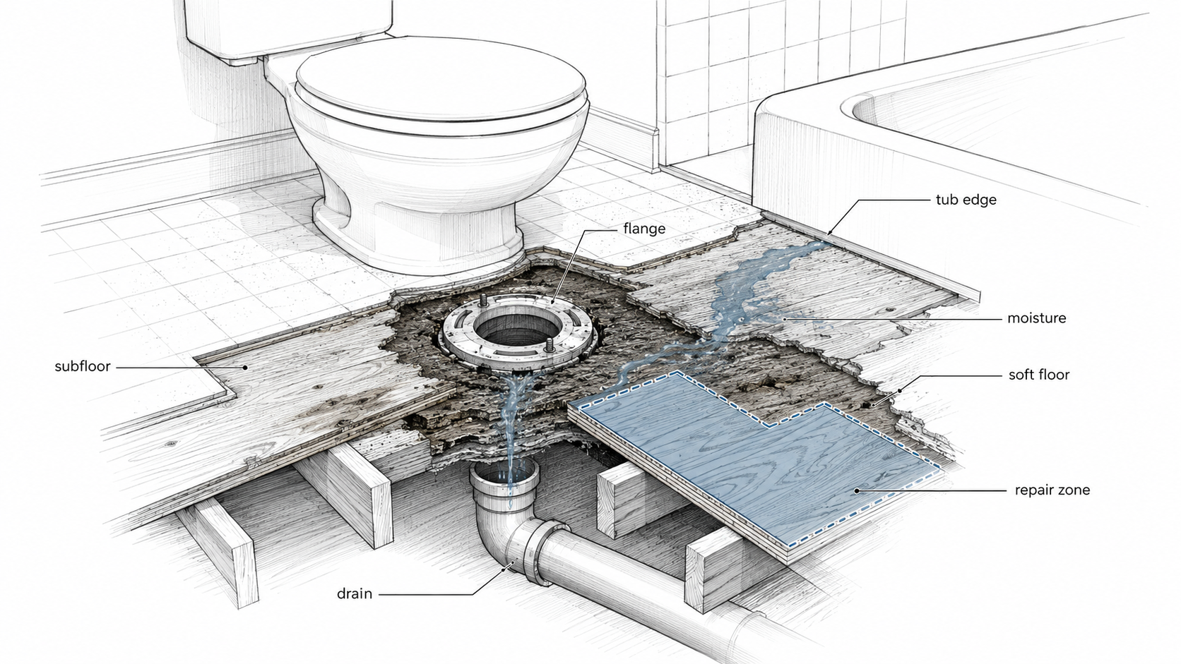 Cutaway diagram of a 1960s bathroom floor showing a toilet flange, subfloor damage, soft floor zone, tub edge moisture, drain line, and repair area.