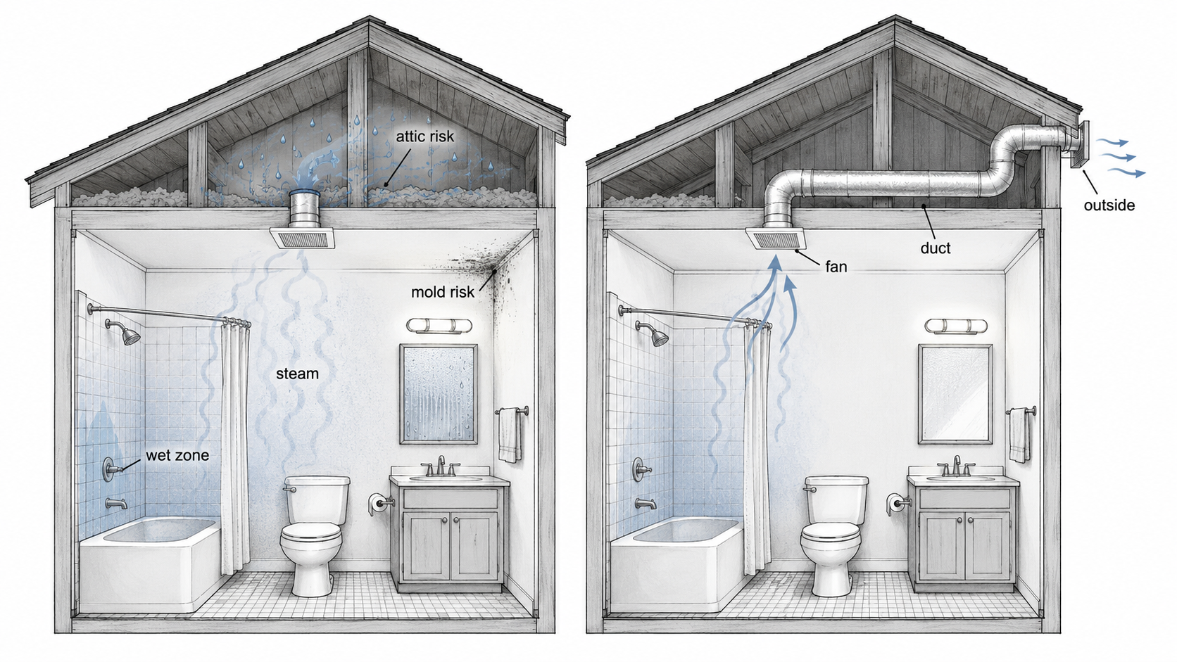 1960s bathroom ventilation diagram showing steam, attic moisture risk, mold risk, and outdoor exhaust ducting.