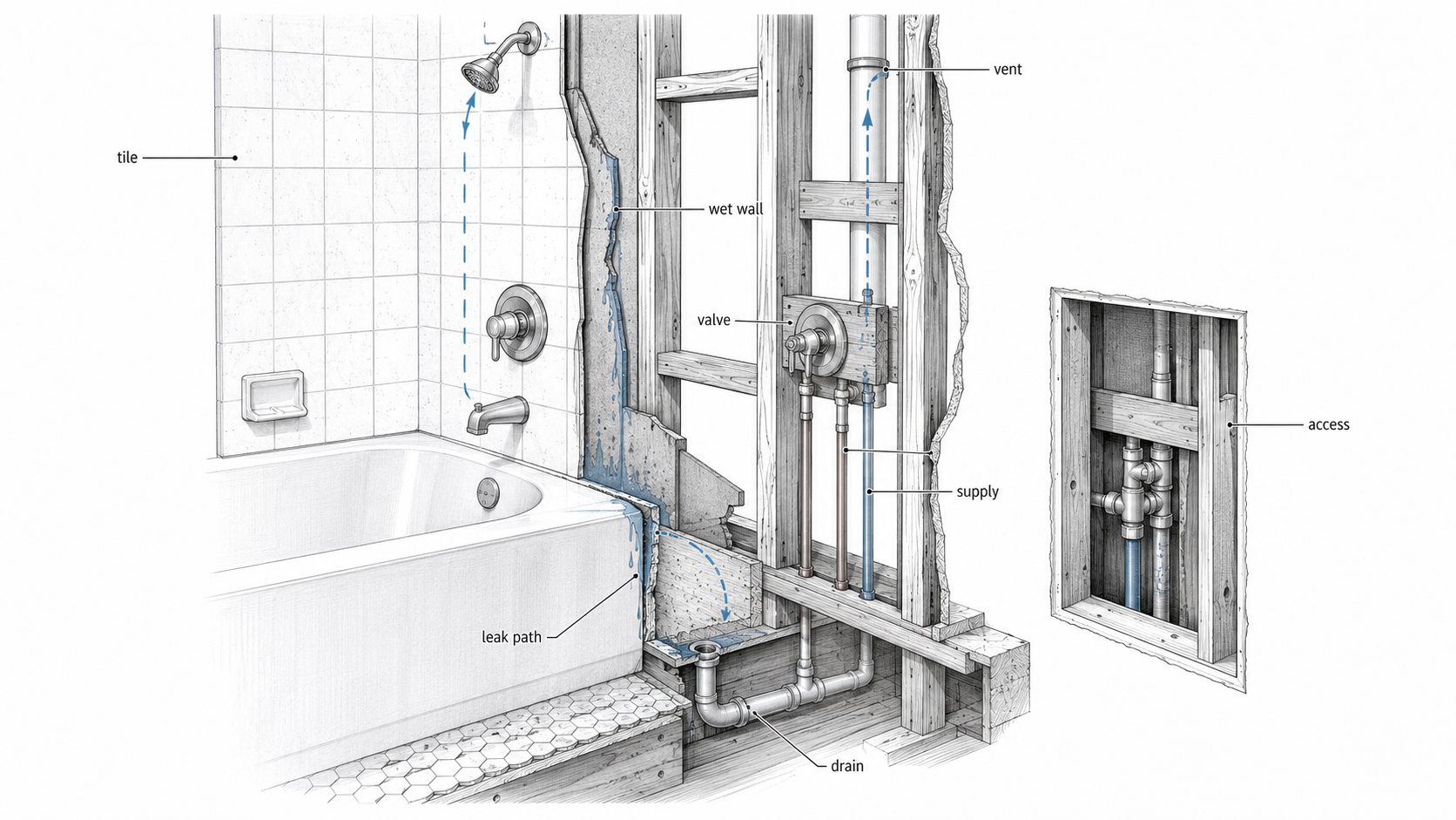 Cutaway diagram of a 1960s bathroom tub-shower wet wall showing tile, valve, supply lines, drain, vent, access side, and leak path at the tub edge.