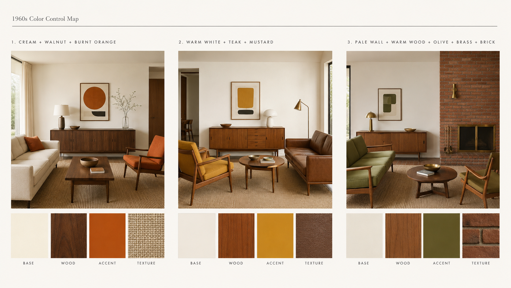 Diagram showing three controlled 1960s color palettes using base color, wood tone, accent color, and texture.