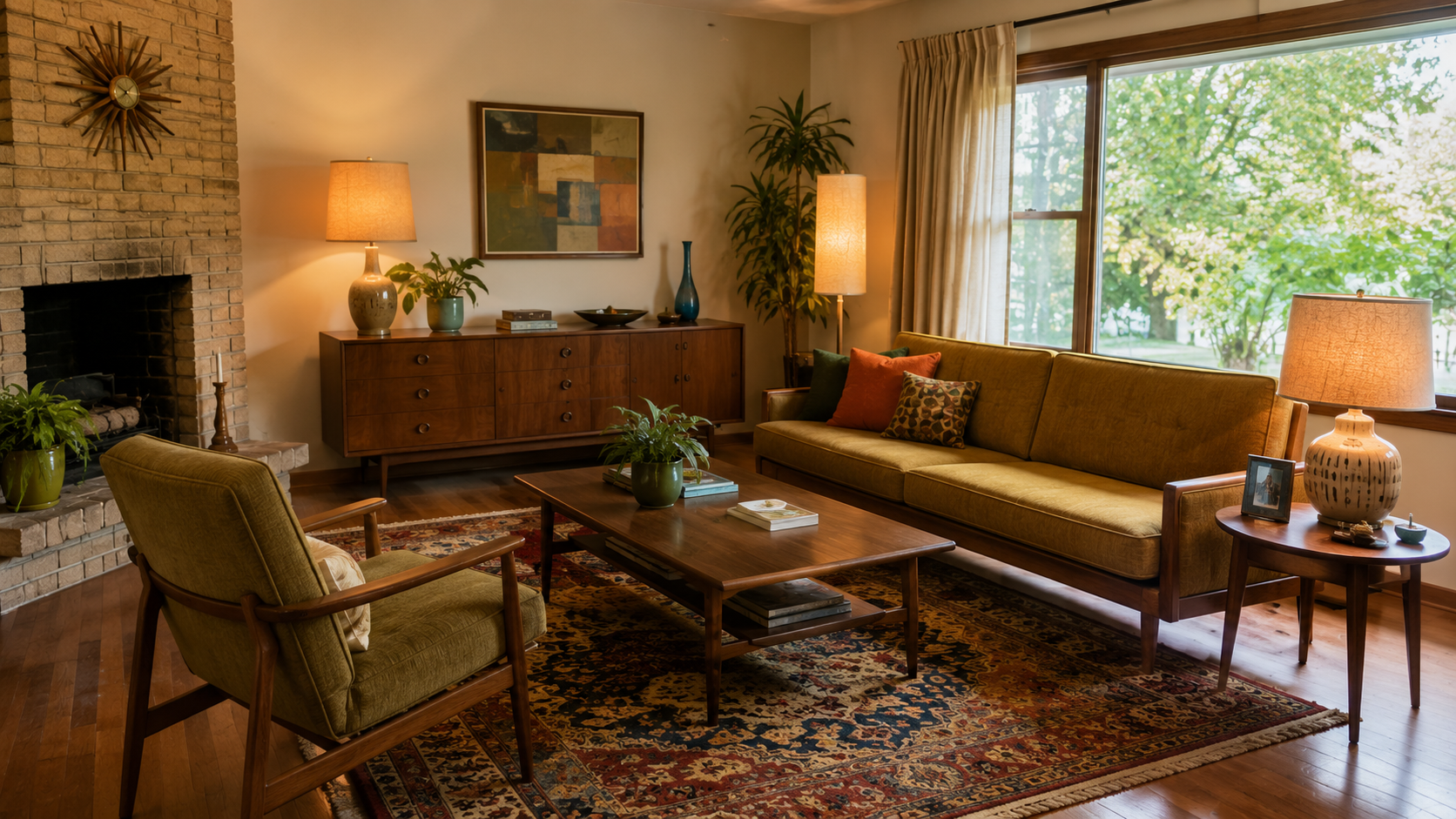 1960s living room arranged around a sofa, lounge chair, coffee table, rug, and warm lamps.