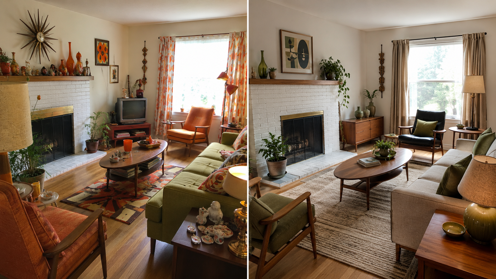 Before-and-after 1960s living room showing fake retro clutter corrected into a calmer period style.