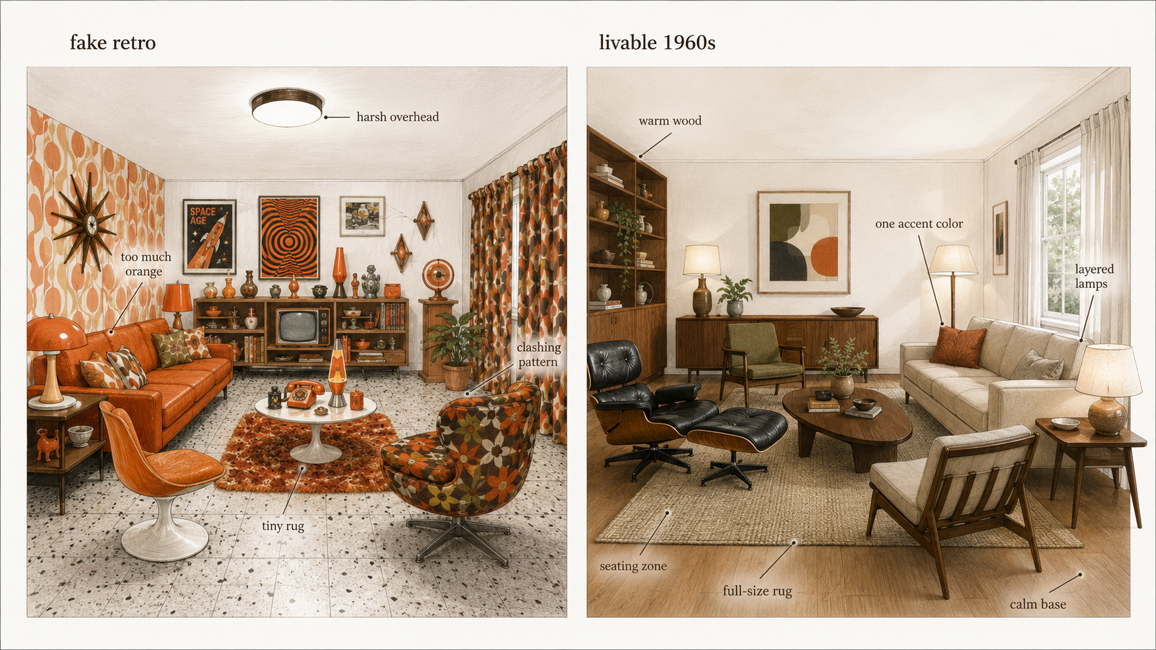 Comparison diagram showing fake retro 1960s decor beside a livable room with controlled color, better rug size, layered lighting, and calmer materials.