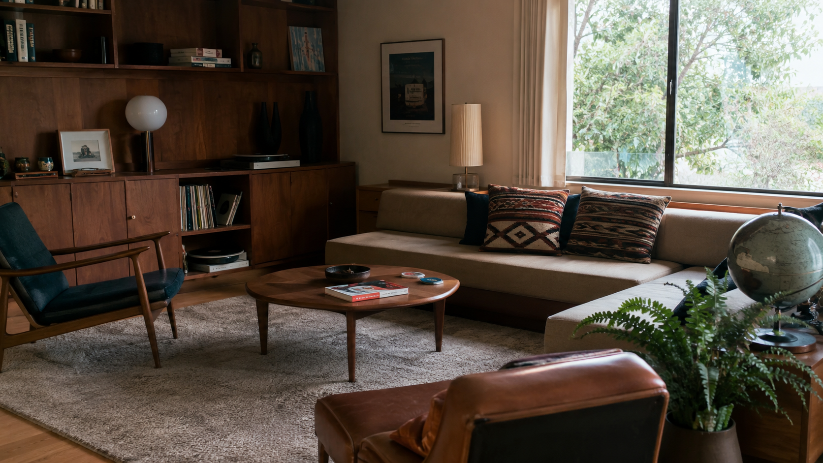 1960s mid-century living room with wood built-ins, low sofa, vintage furniture, patterned pillows, and natural daylight.