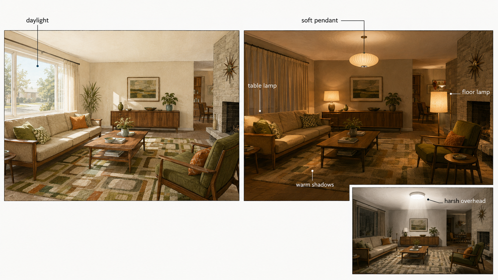 Diagram showing daylight, evening lamps, and harsh overhead lighting in a 1960s living room.