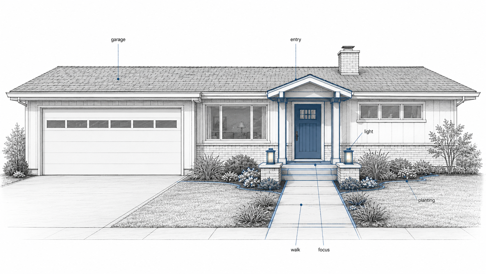 Diagram showing how a stronger entry and walkway can rebalance a garage-heavy 1960s ranch front elevation.