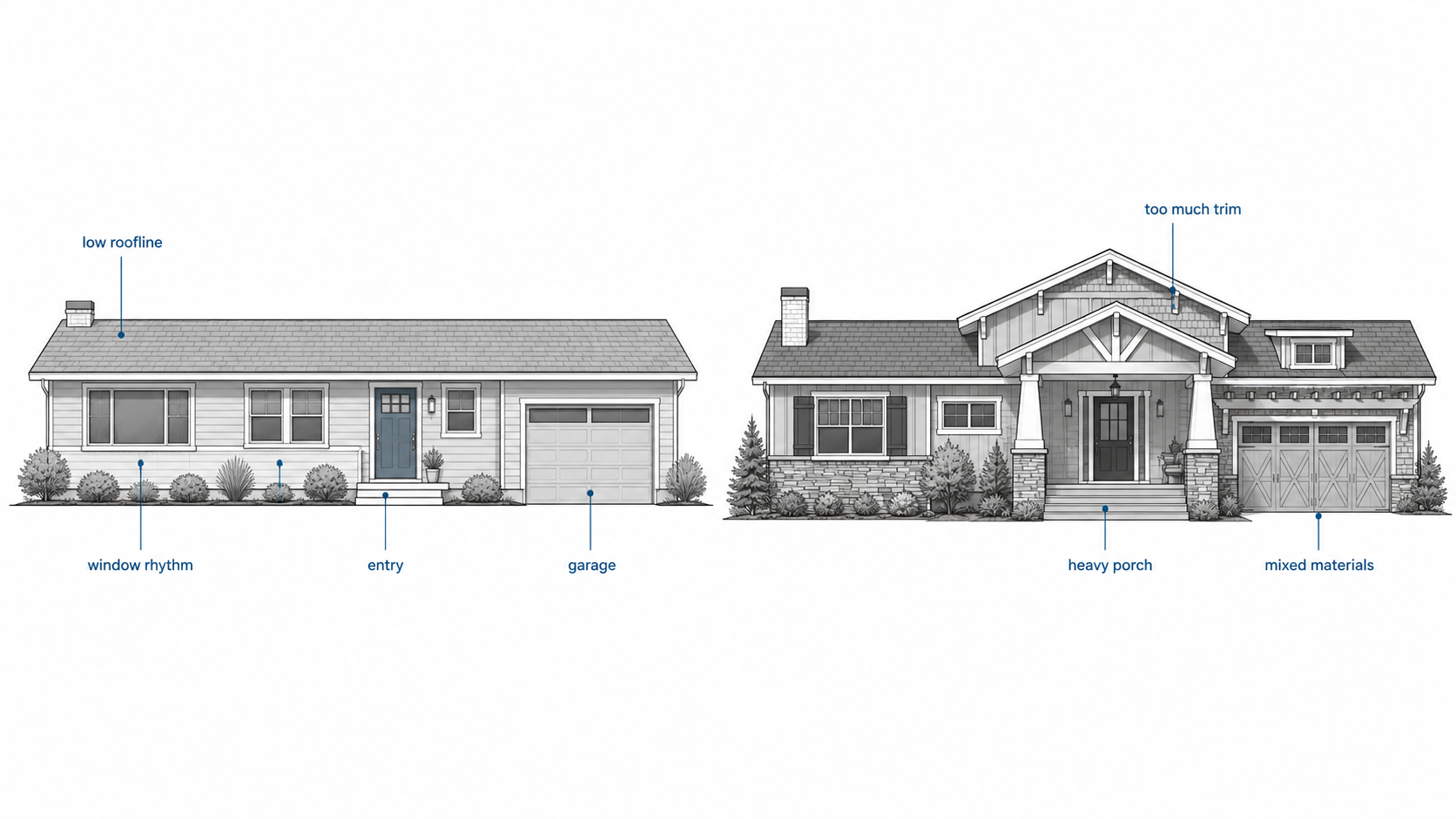 Diagram comparing better and worse exterior update choices for a 1960s ranch house.