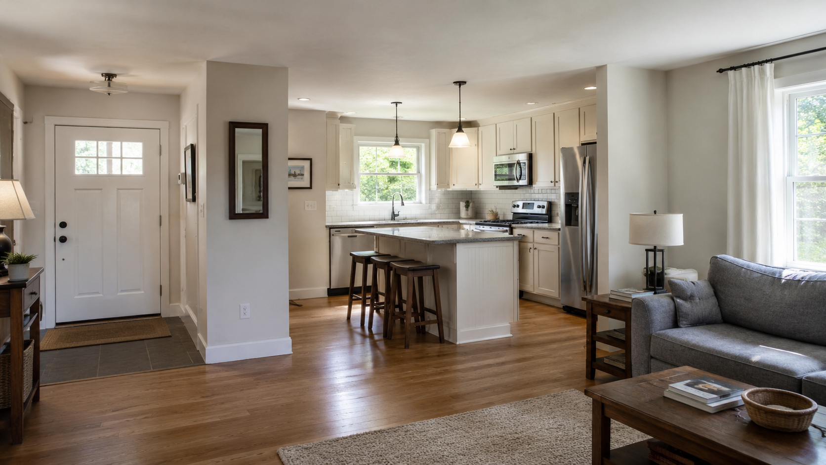 Improved 1960s ranch interior with a clearer entry, kitchen connection, and living room flow.