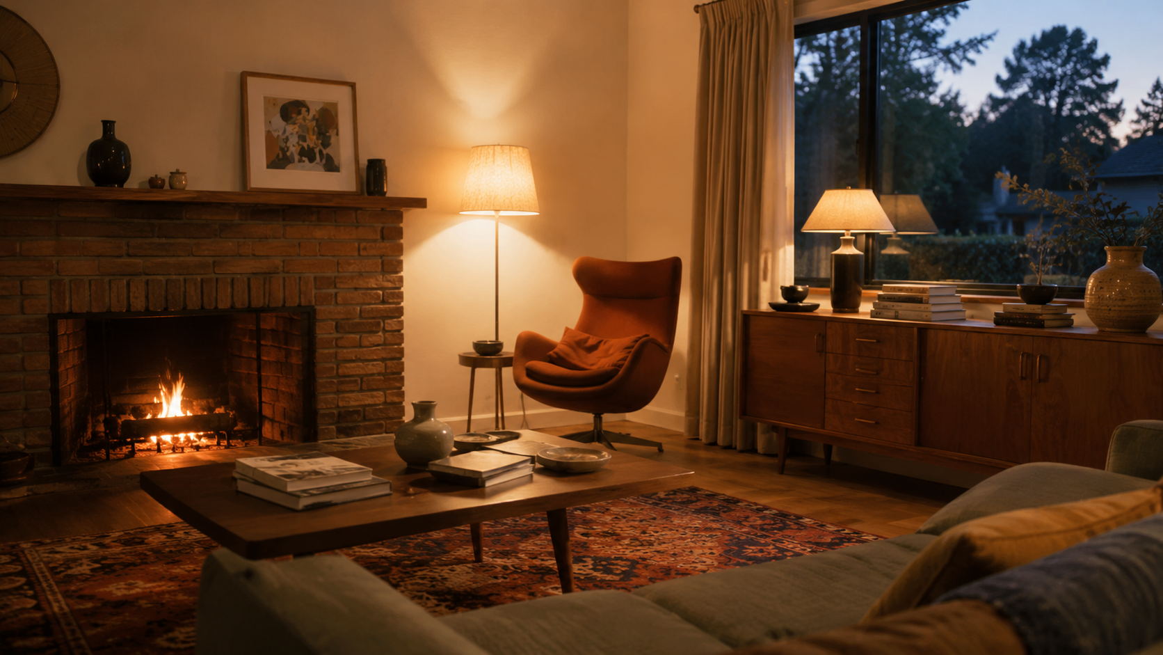Warm 1960s-inspired living room at dusk with brick fireplace, walnut credenza, low wood coffee table, patterned rug, and glowing lamps.
