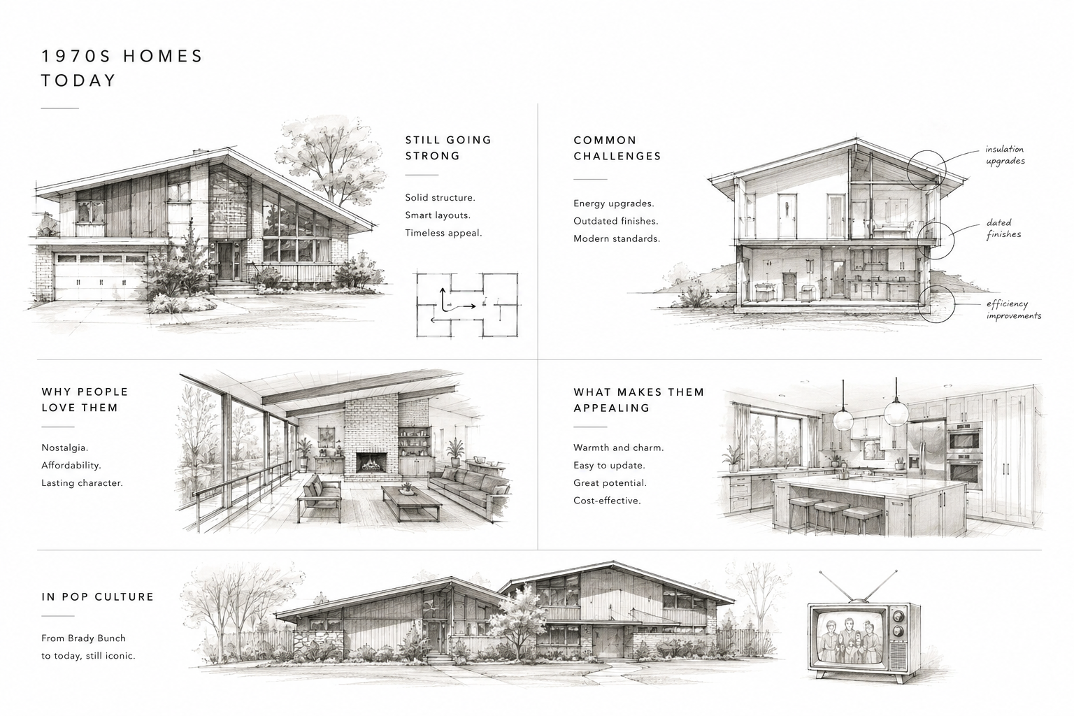 Editorial diagram showing why 1970s homes still appeal today and what often needs updating.