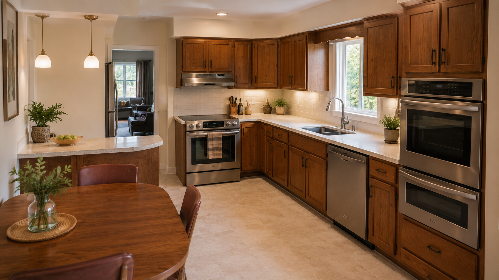 Updated 1970s kitchen with wood cabinets, better lighting, new counters, cleaner flooring, and newer appliances.