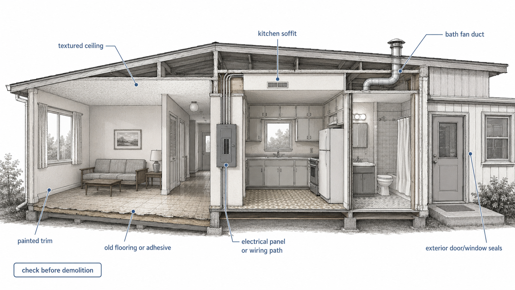 Diagram showing 1970s renovation hazard checks for paint, flooring, ceilings, wiring, and ventilation.