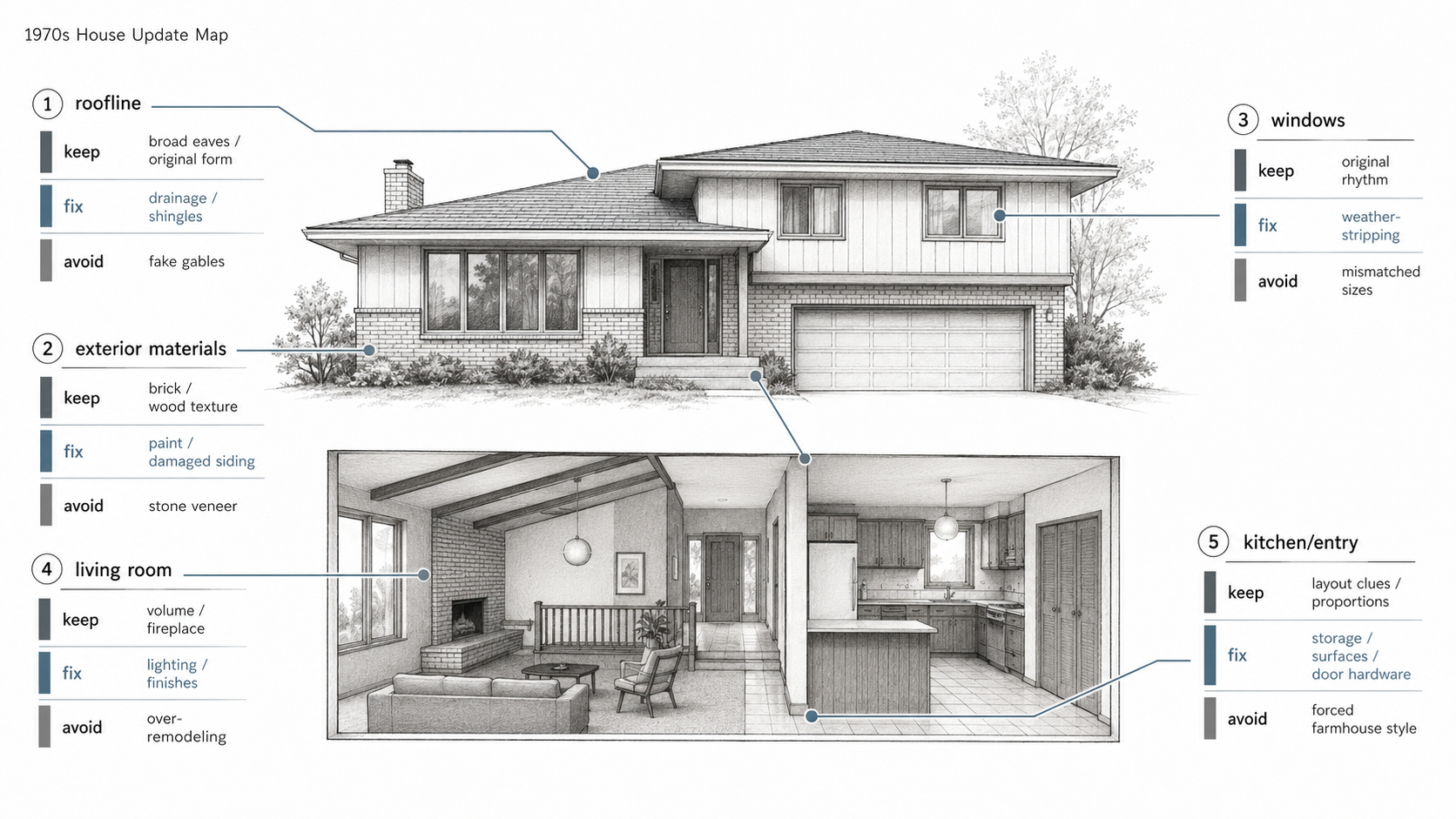 1970s renovation priority map showing what to keep, repair, and avoid in key house zones.