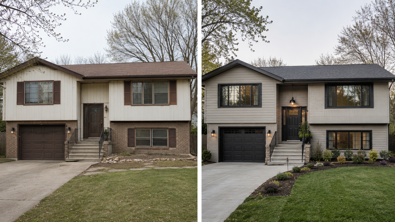 Before and after view of a 1970s split-level remodel with updated entry, windows, garage, and landscaping.