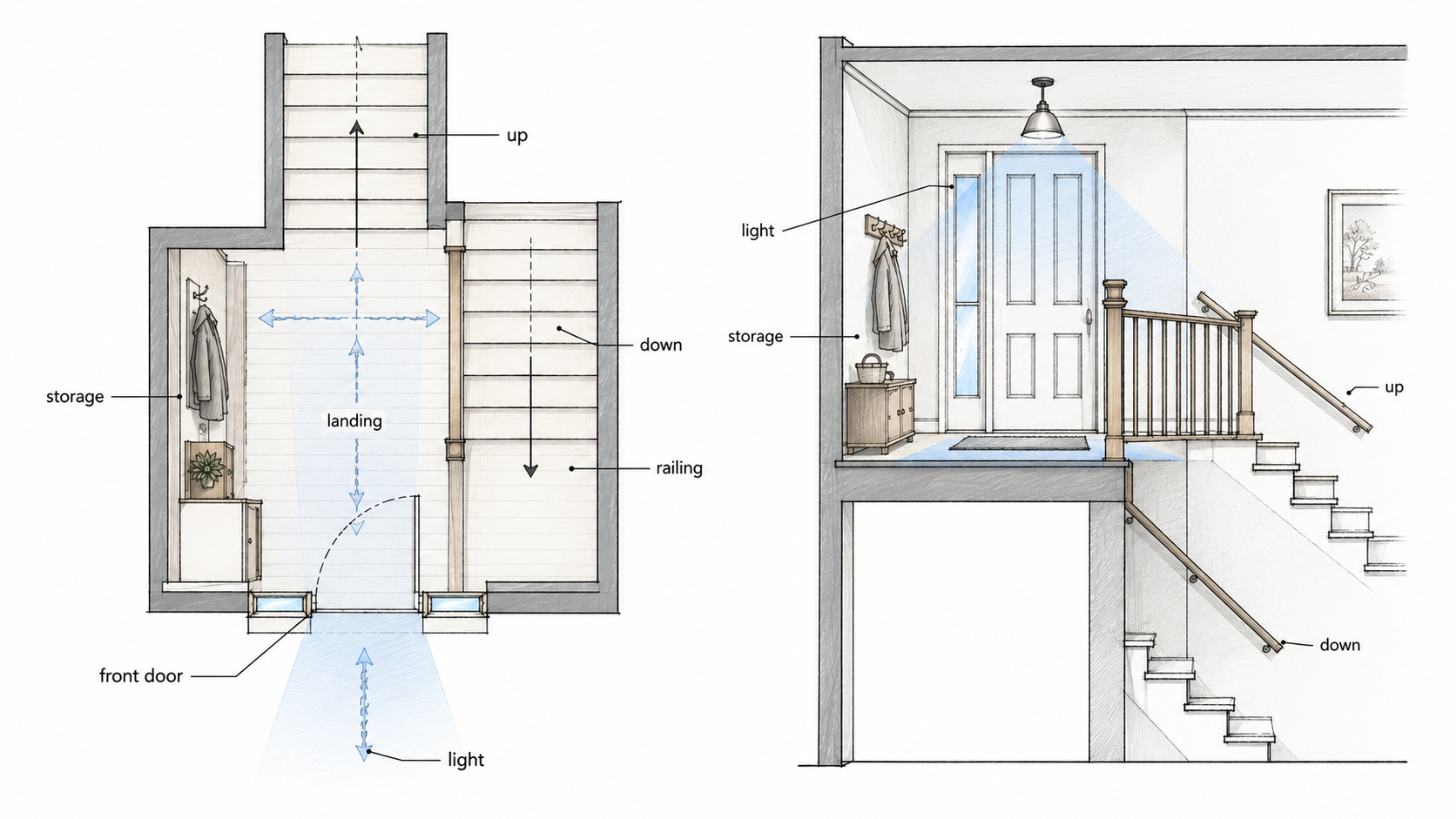 Diagram showing a 1970s split-level entry landing with stairs up, stairs down, railing, storage, door swing, and light.