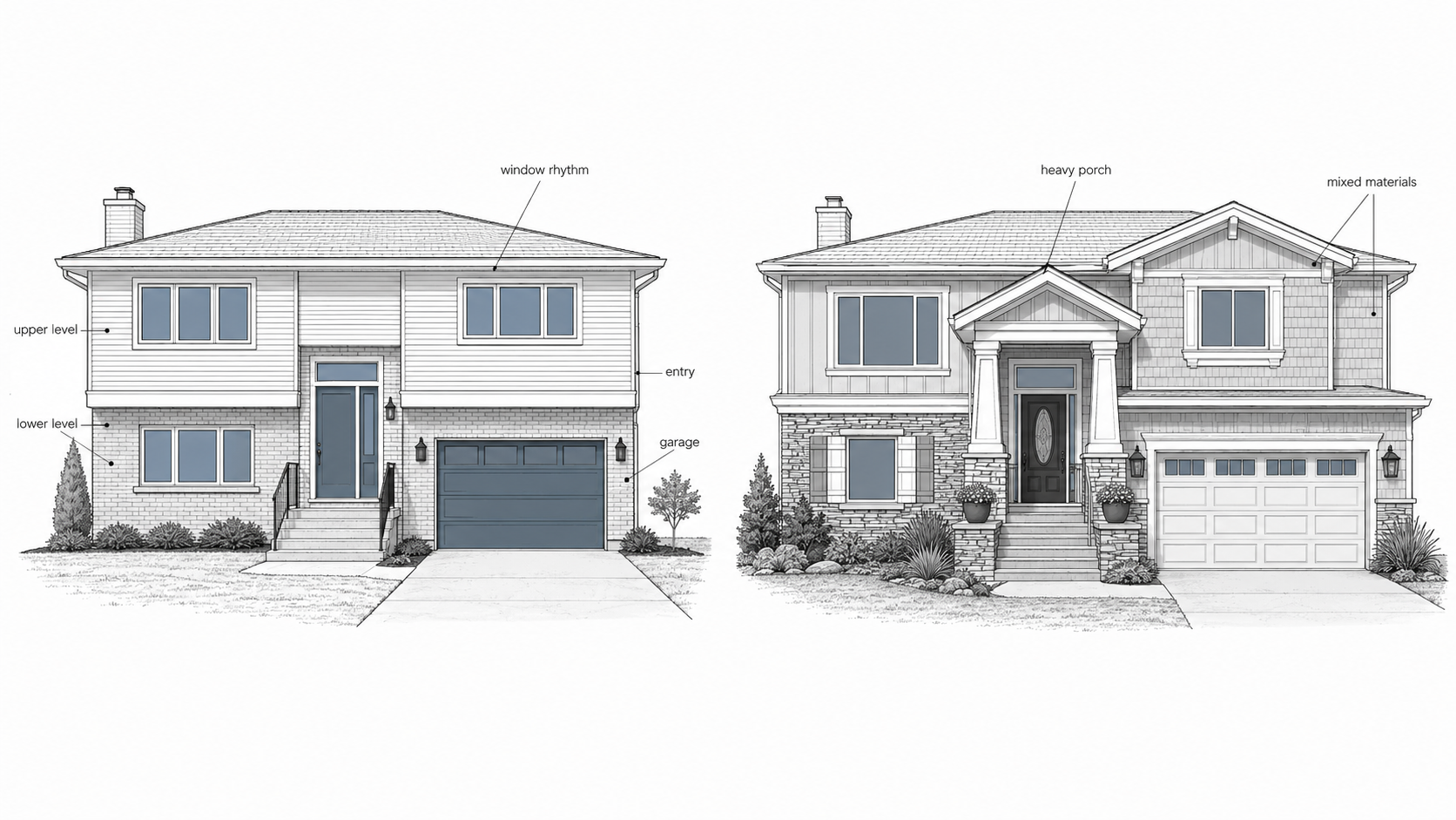 Comparison diagram showing a restrained 1970s split level exterior update beside an overworked version with a heavy porch, mixed materials, and garage dominance.