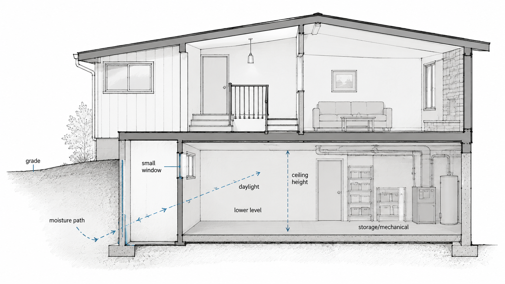Cutaway diagram showing lower-level daylight, moisture, and ceiling-height limits in a 1970s split-level remodel.