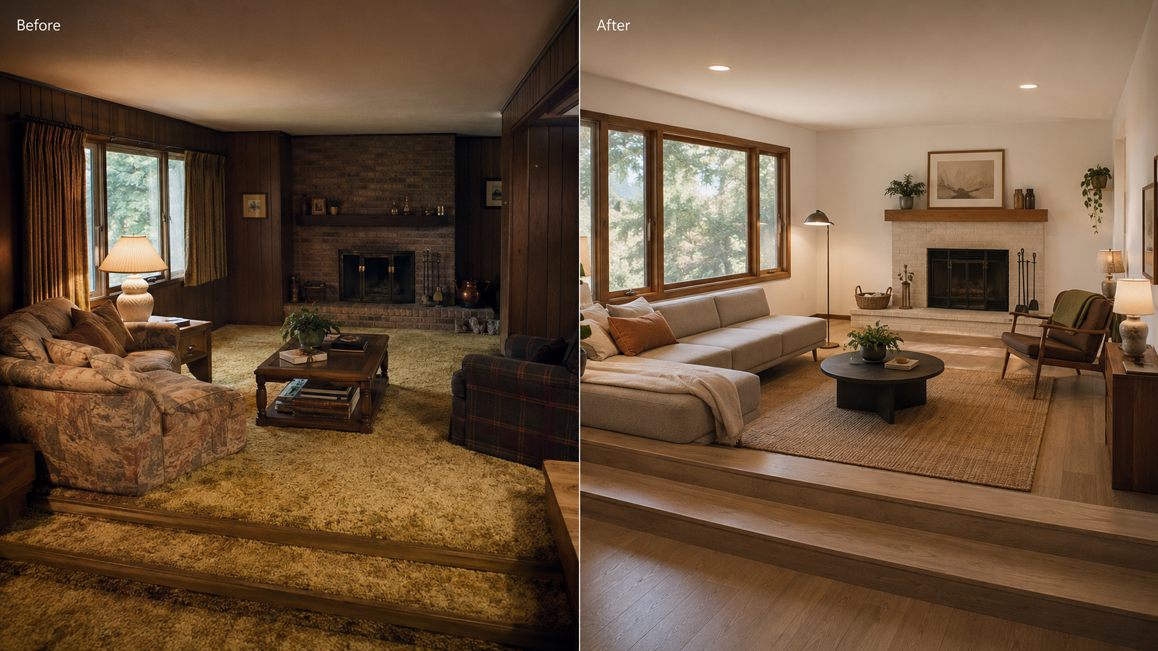 Before and after remodel of a 1970s sunken living room with safer steps and updated finishes.