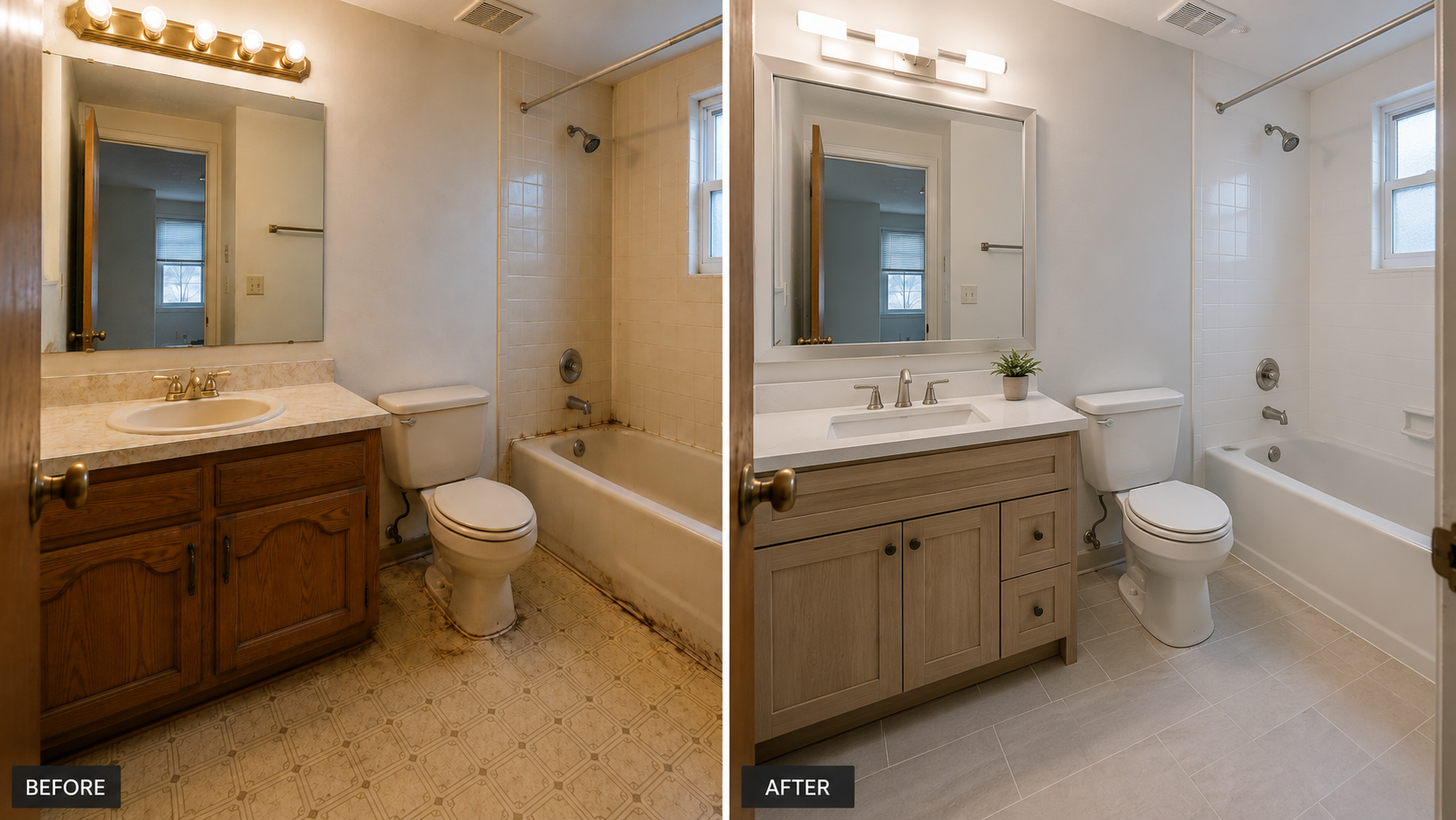 1980s bathroom before and after with beige tile, oak vanity, worn caulk, and updated finishes.