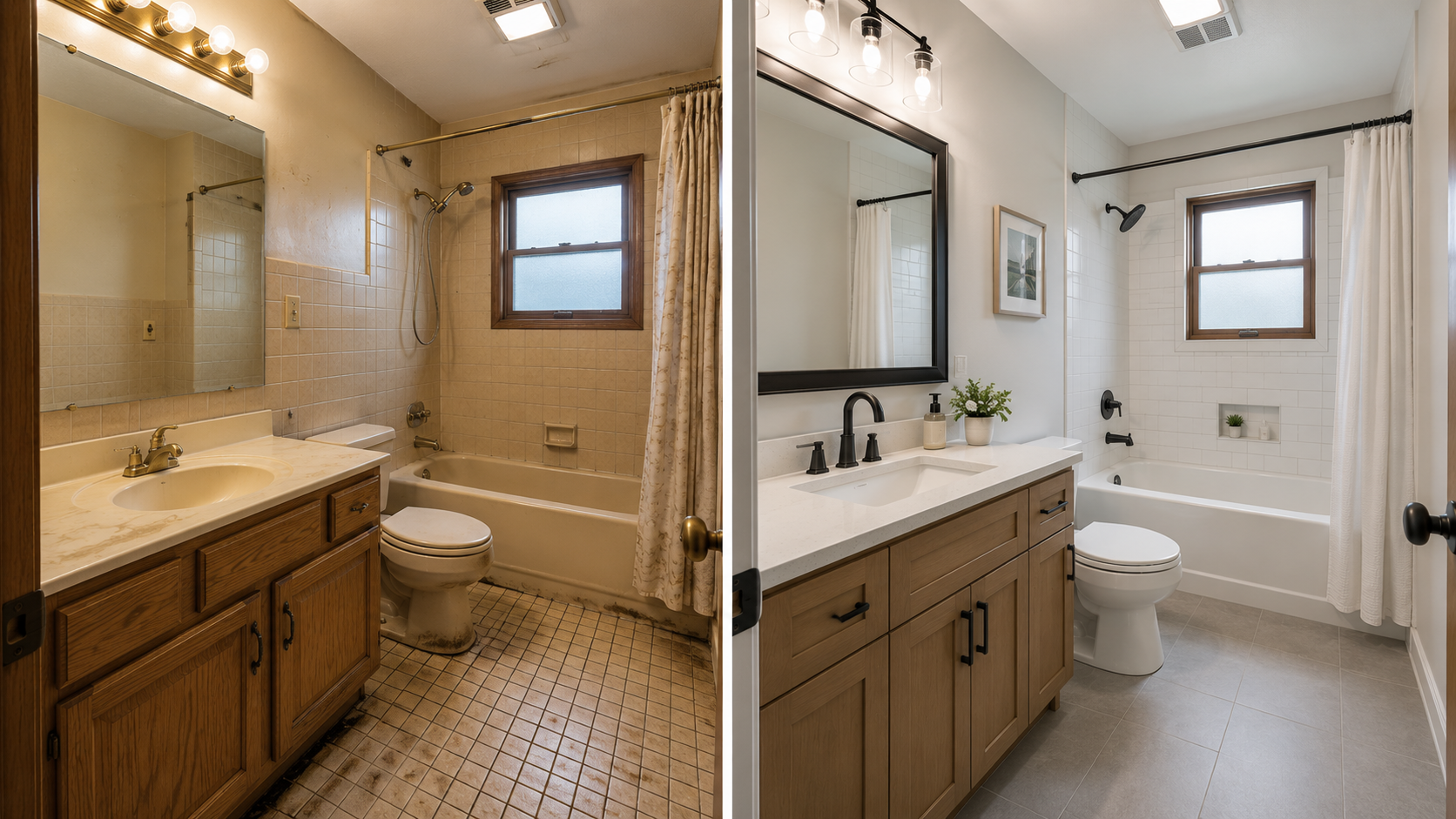 Before-and-after view of a modest 1980s bathroom with beige tile, old vanity, brass fixture, and an updated renovation of the same bathroom.
