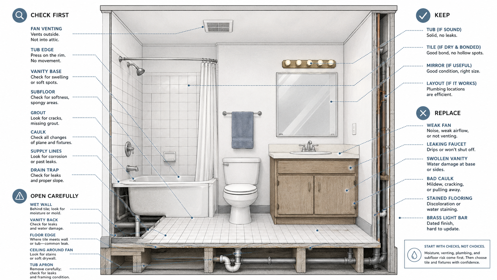 Cutaway diagram of a 1980s bathroom showing what to check, keep, replace, and open carefully before remodeling tile, vanity, tub, fan, and floor.