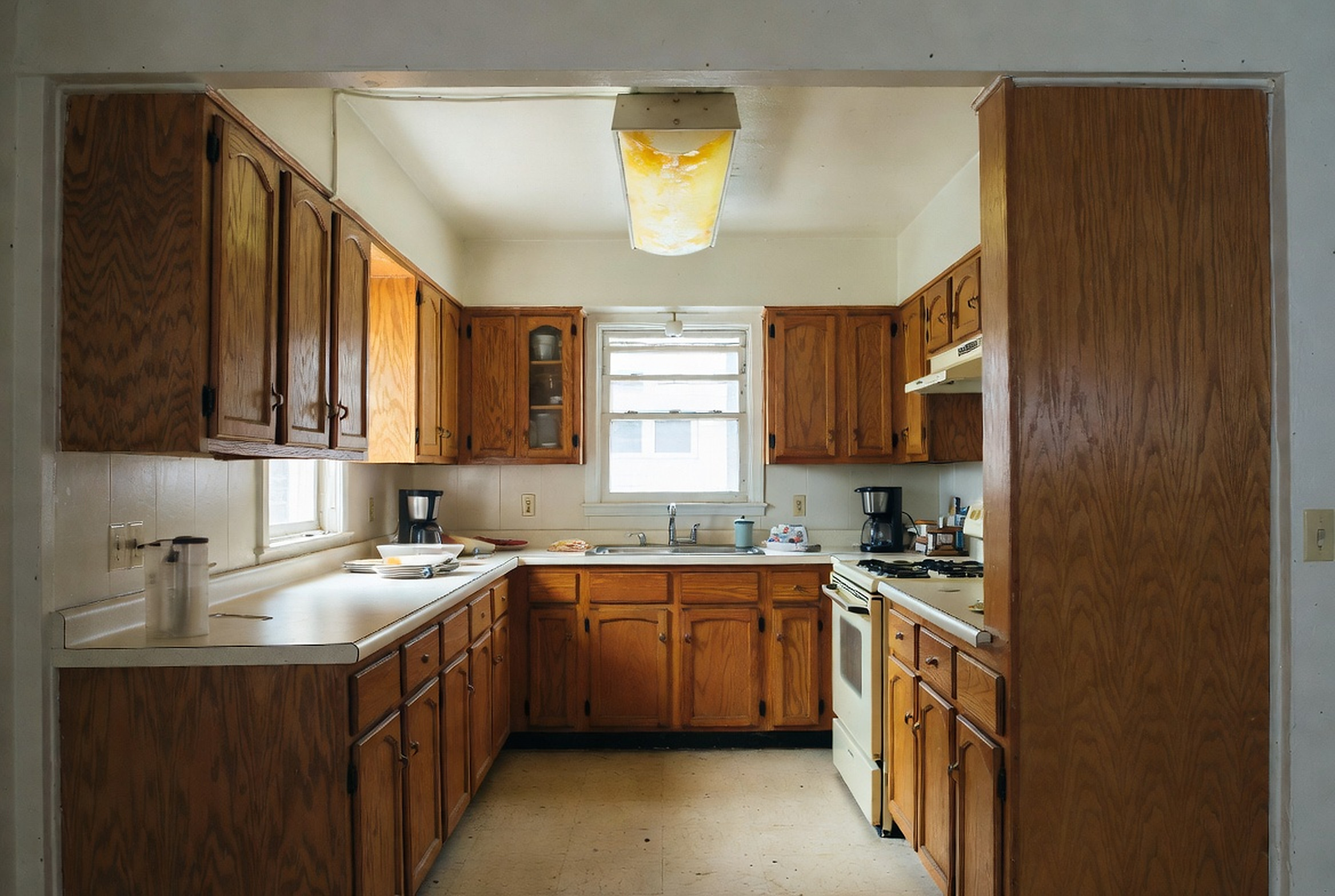Original 1980s closed kitchen layout with oak cabinets, fluorescent light, laminate counters, and narrow work aisles.