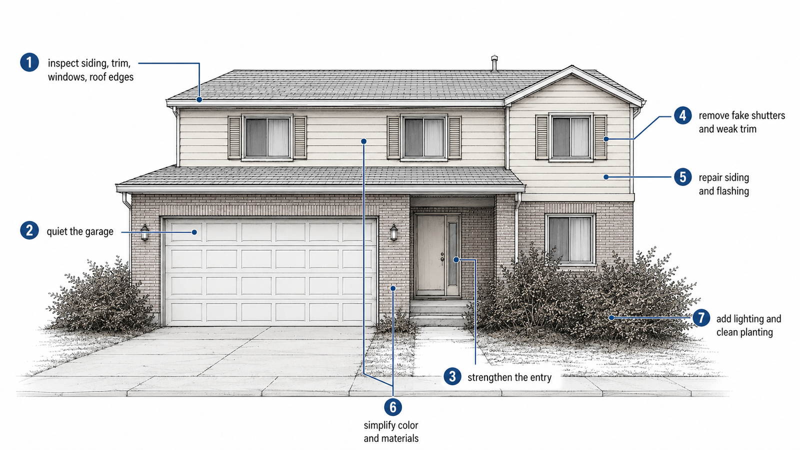 Diagram showing the correct order for updating a 1980s house exterior, from inspection to garage, entry, siding, trim, lighting, and planting.