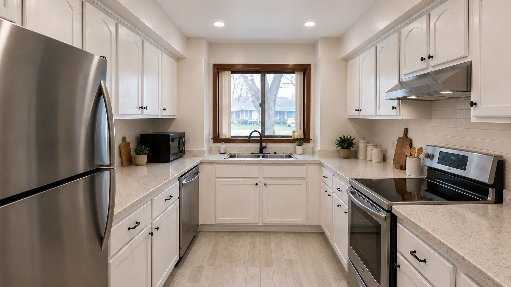 Updated 1980s galley kitchen with painted cabinets, recessed lights, stainless appliances, and new flooring.