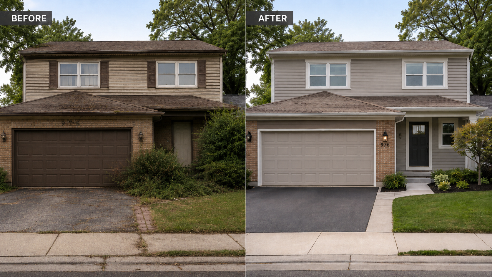 1980s house exterior showing garage dominance reduced with cleaner entry, siding, trim, lighting, and planting.
