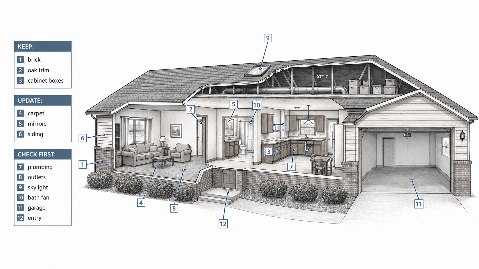 Cutaway diagram of a 1980s house showing what to keep, update, and check first during renovation.