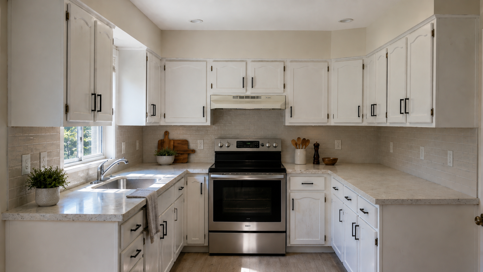 Updated 1980s kitchen after remodel with painted cabinets, modern range, recessed lighting, tile backsplash, and pale counters.