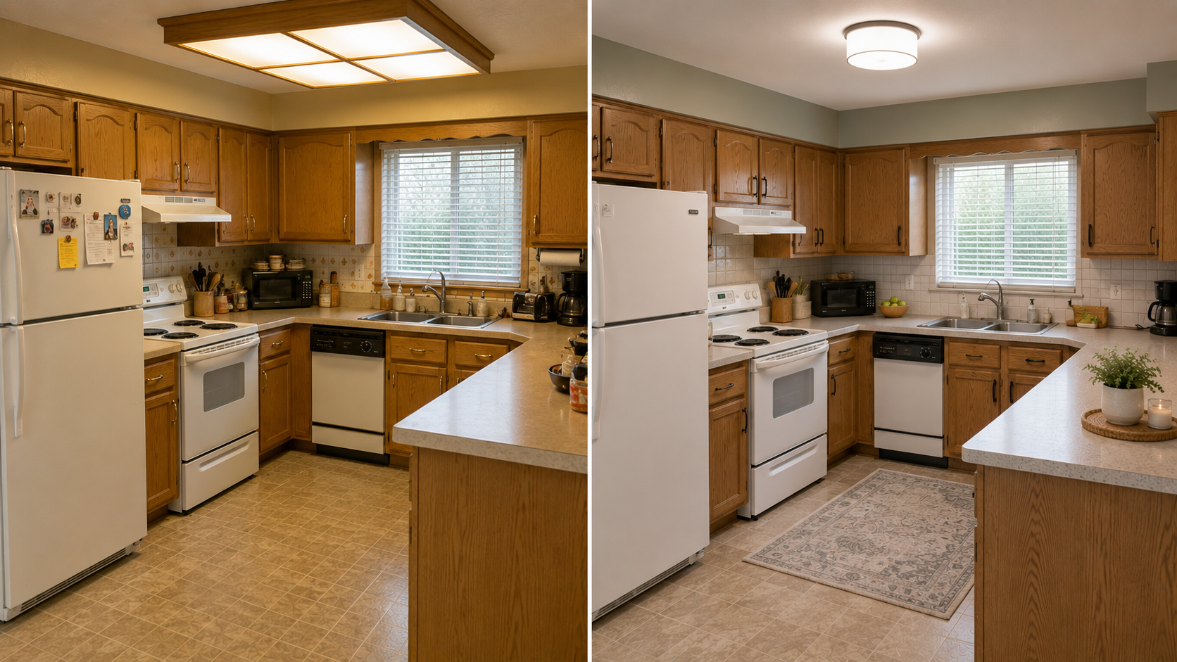 Budget 1980s kitchen before and after with updated hardware, lighting, backsplash, flooring, and cleaner finishes.