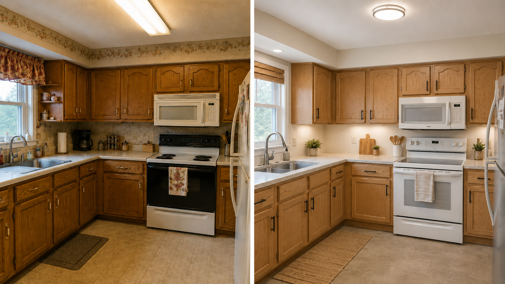 1980s kitchen cabinets before and after with updated oak finish, newer appliances, and improved lighting.