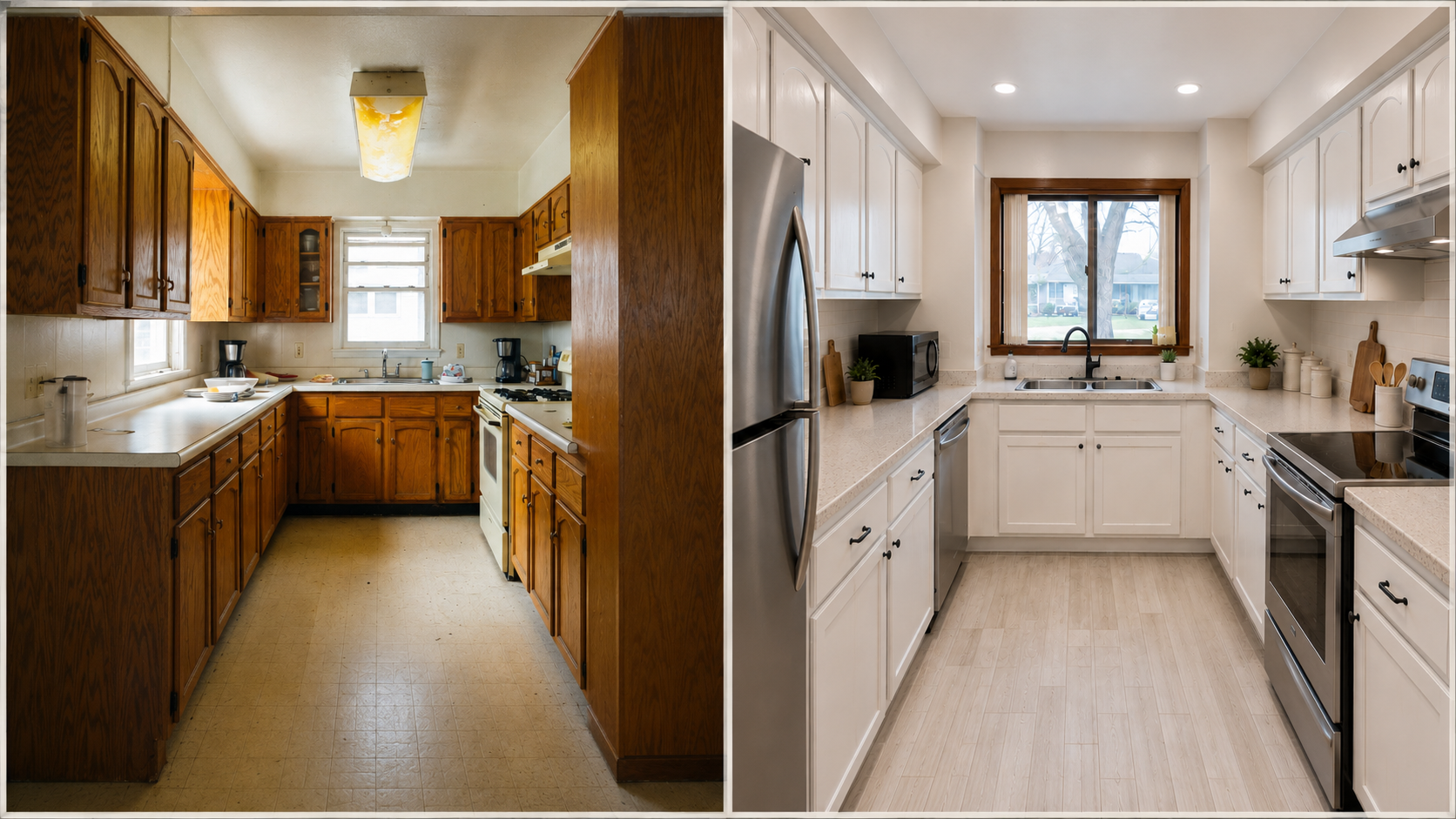 1980s kitchen layout refresh showing an original oak kitchen beside an updated same-footprint remodel.