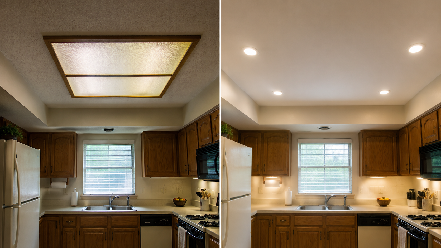 1980s kitchen lighting before and after showing the fluorescent ceiling box replaced with cleaner ceiling lights.