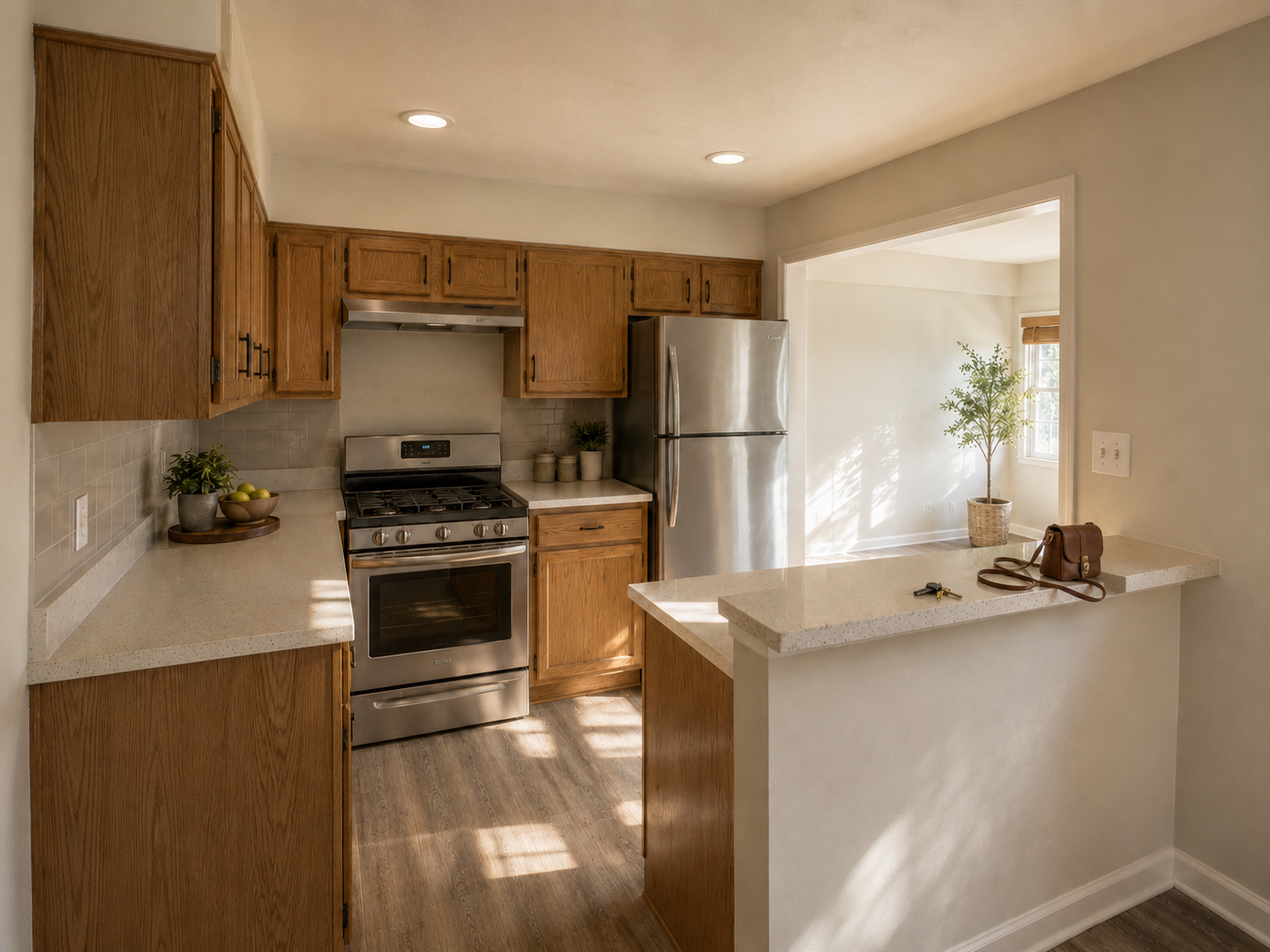 Updated 1980s kitchen with oak cabinets, improved opening, stainless appliances, daylight, and peninsula counter.
