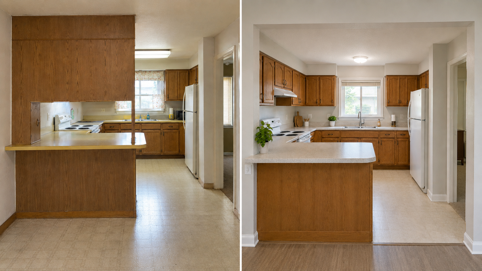 1980s kitchen peninsula before and after with an improved opening, cleaner sightlines, and updated finishes.