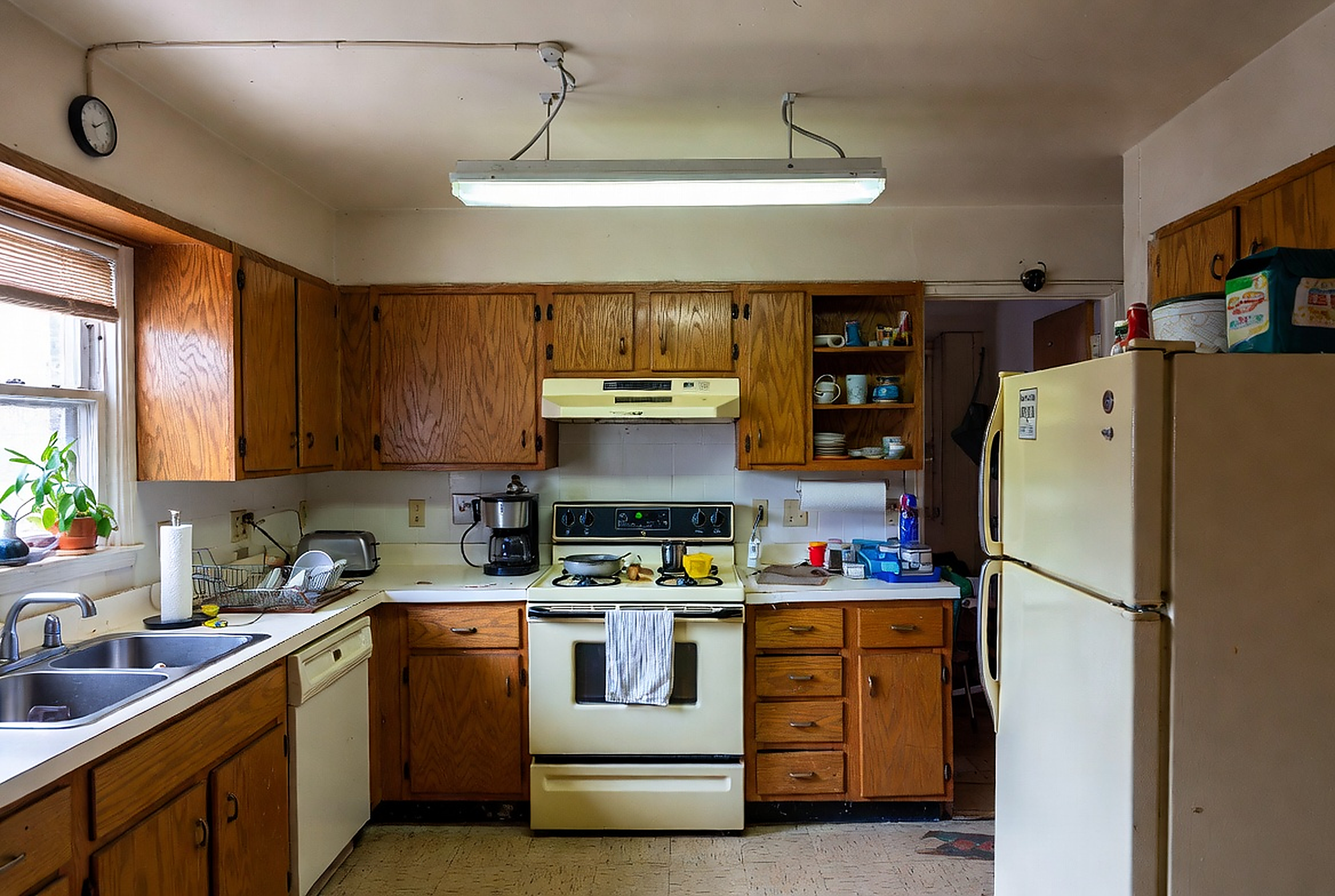 Dated 1980s kitchen with oak cabinets, almond appliances, fluorescent light, and laminate counters.