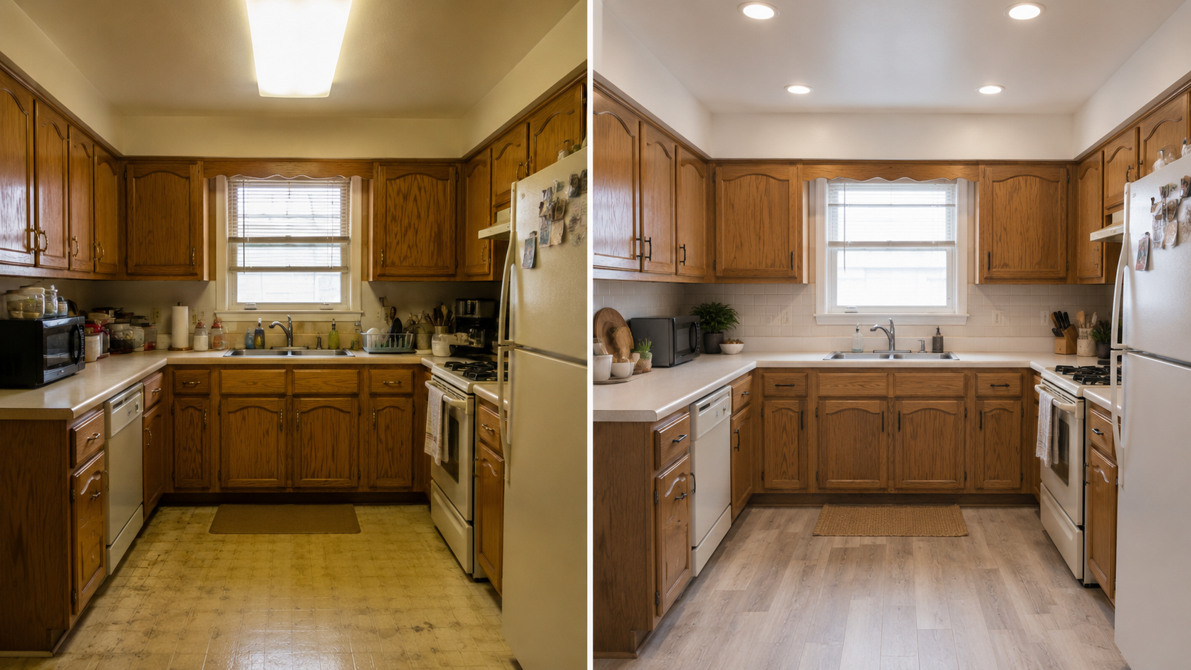 1980s kitchen showing the same layout with updated lighting, flooring, backsplash, counters, and hardware.