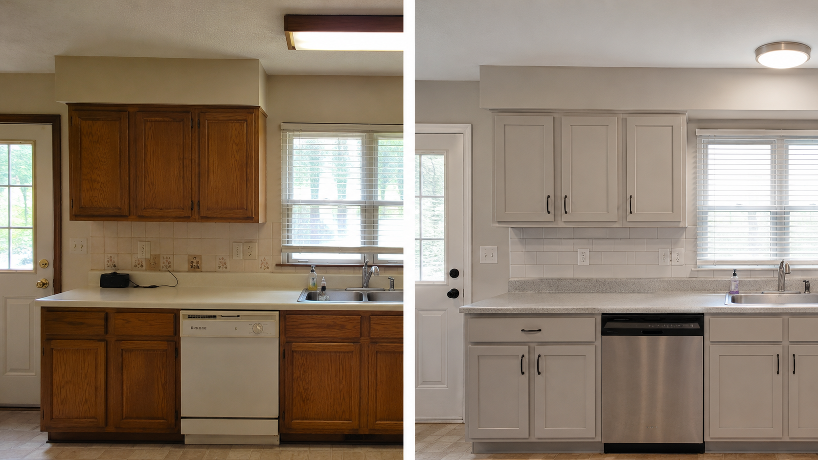 1980s kitchen soffit before and after showing a quieter soffit treatment, cleaner cabinet line, and improved lighting.