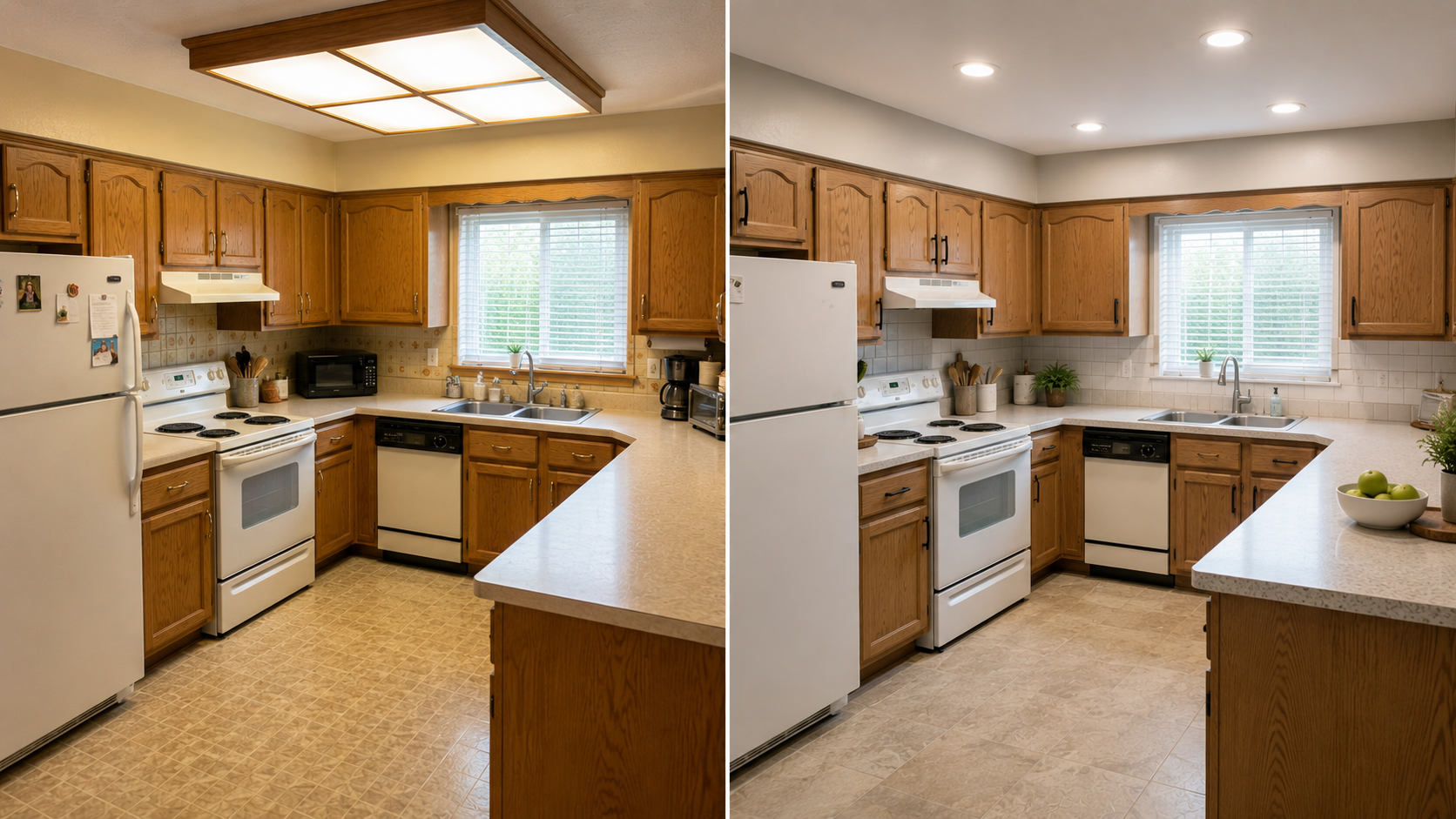 1980s oak kitchen before and after showing original cabinets kept with updated counters, backsplash, floor, and lighting.