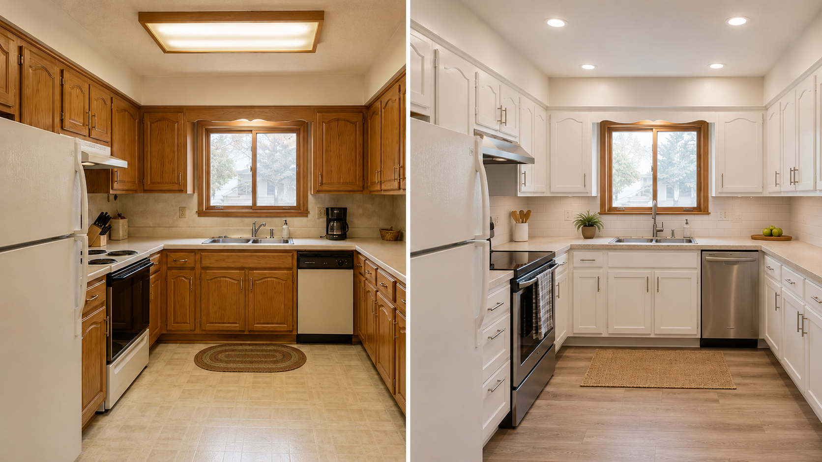 1980s kitchen before and after with painted cabinets, updated counters, backsplash, lighting, and flooring.