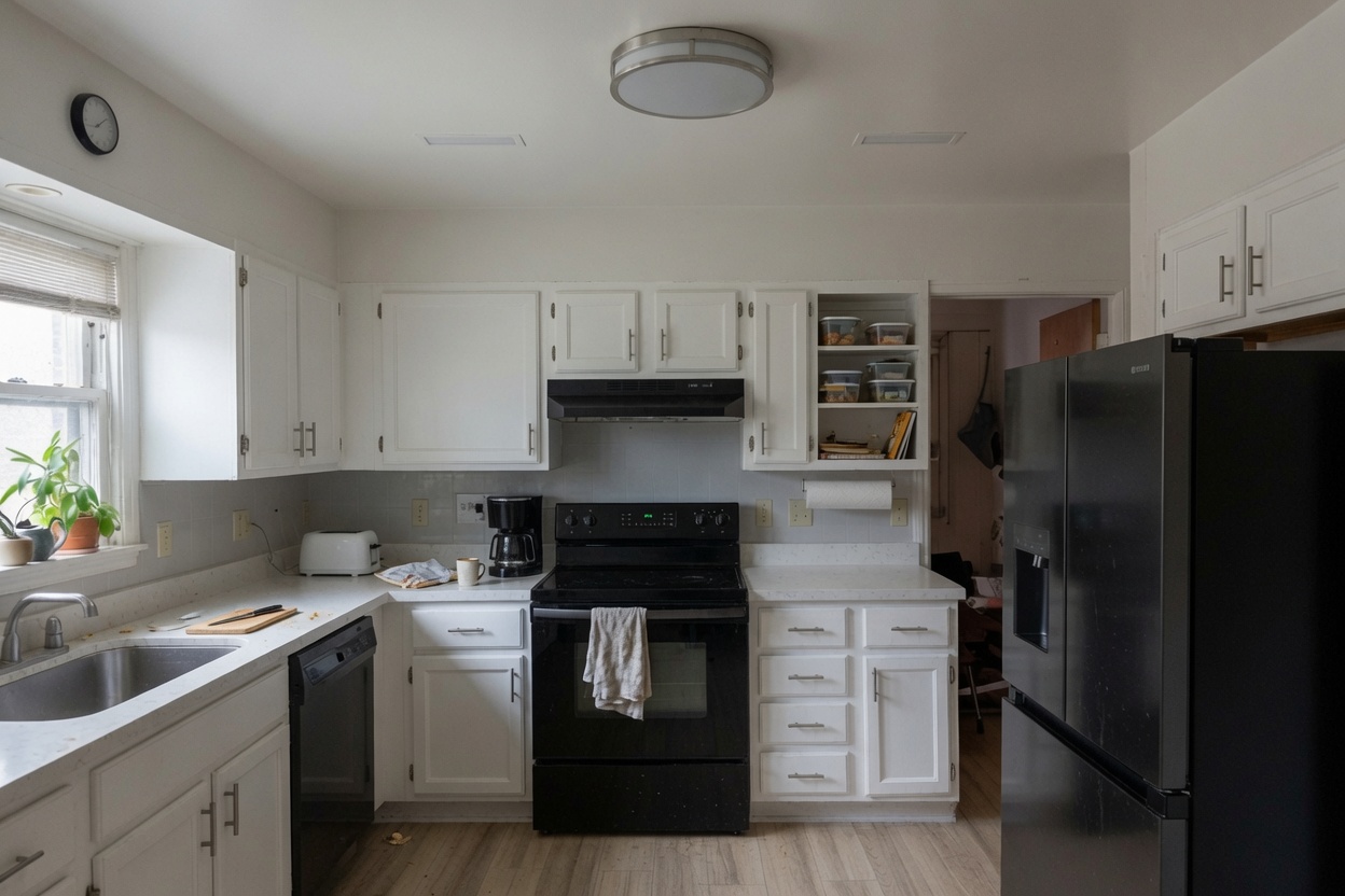 Modest 1980s kitchen after update with painted cabinets, black appliances, new light, and worn floors.