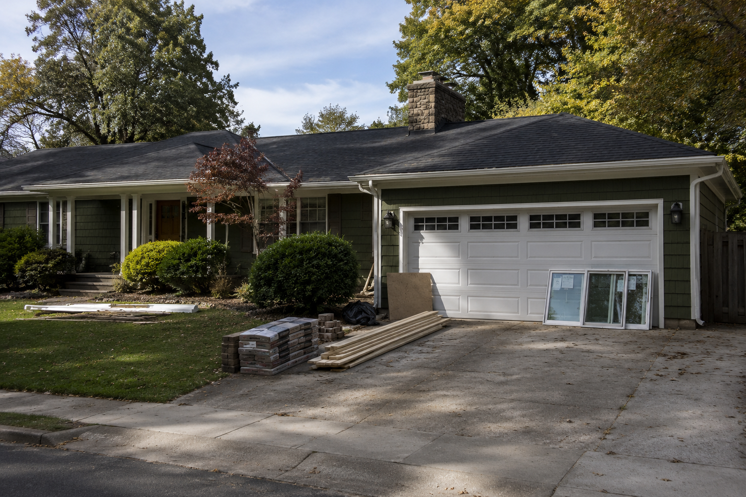 Older suburban ranch house with garage, siding, driveway materials, replacement windows, lumber, and exterior renovation work underway.