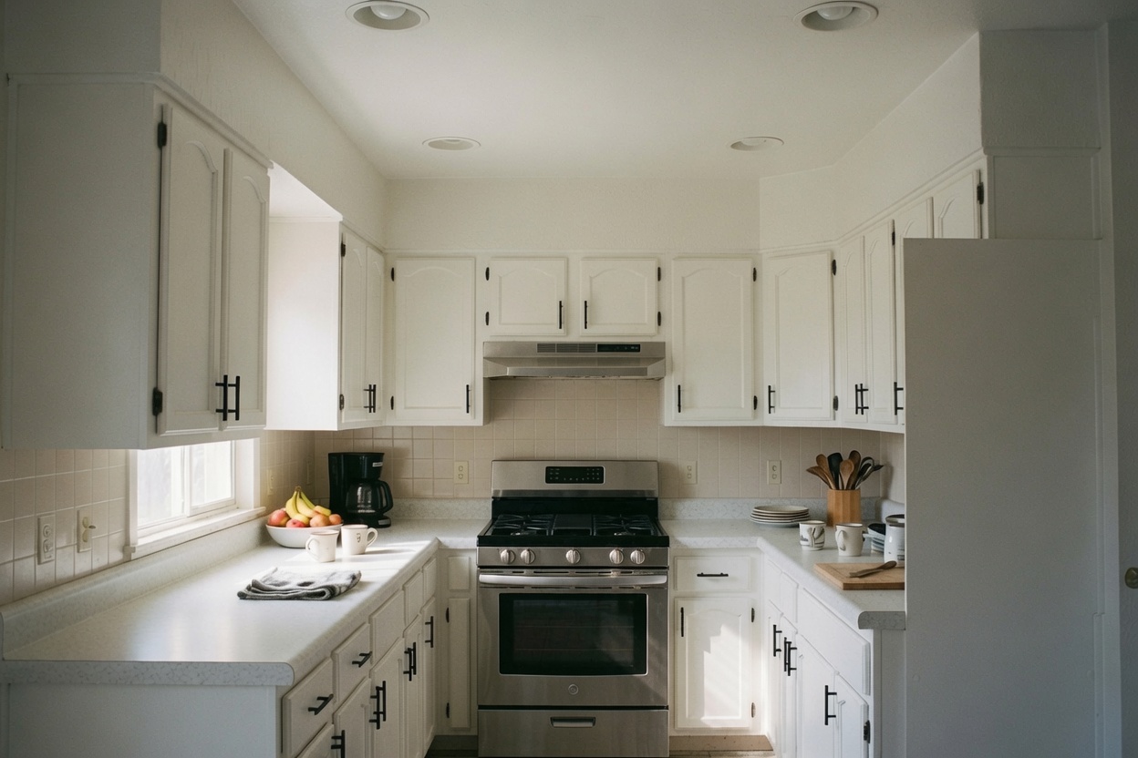 Updated 1980s kitchen range wall with painted cabinets, black hardware, recessed lights, and stainless range.