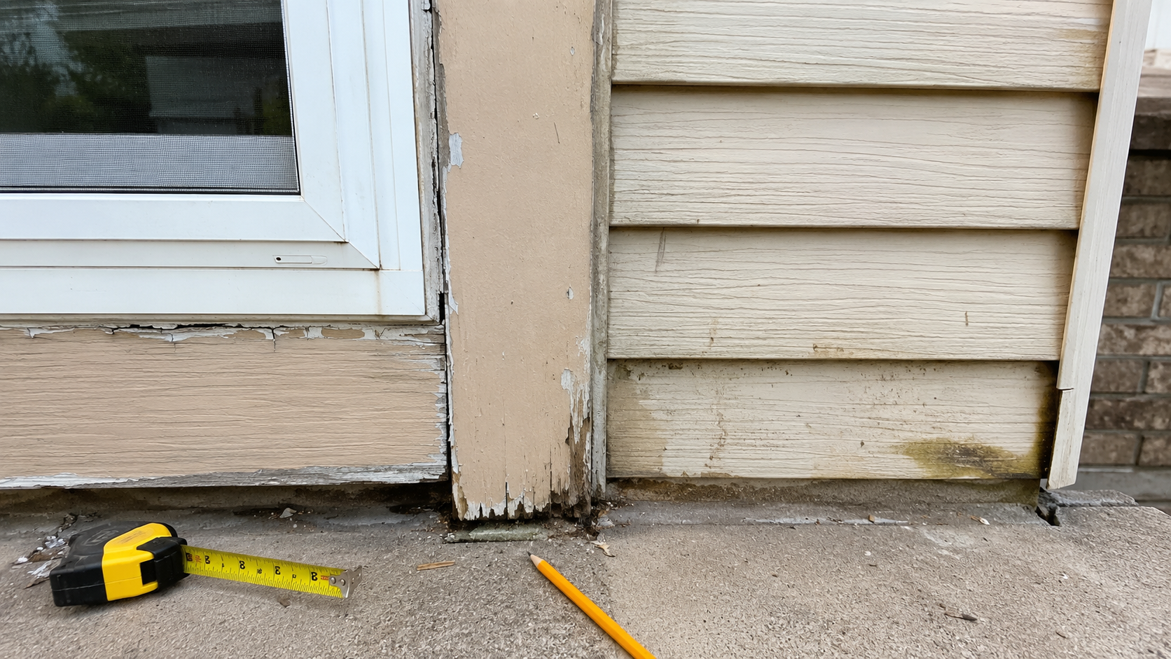 Close exterior inspection of 1980s siding, trim, window corner, cracked caulk, and lower wall wear before repainting.