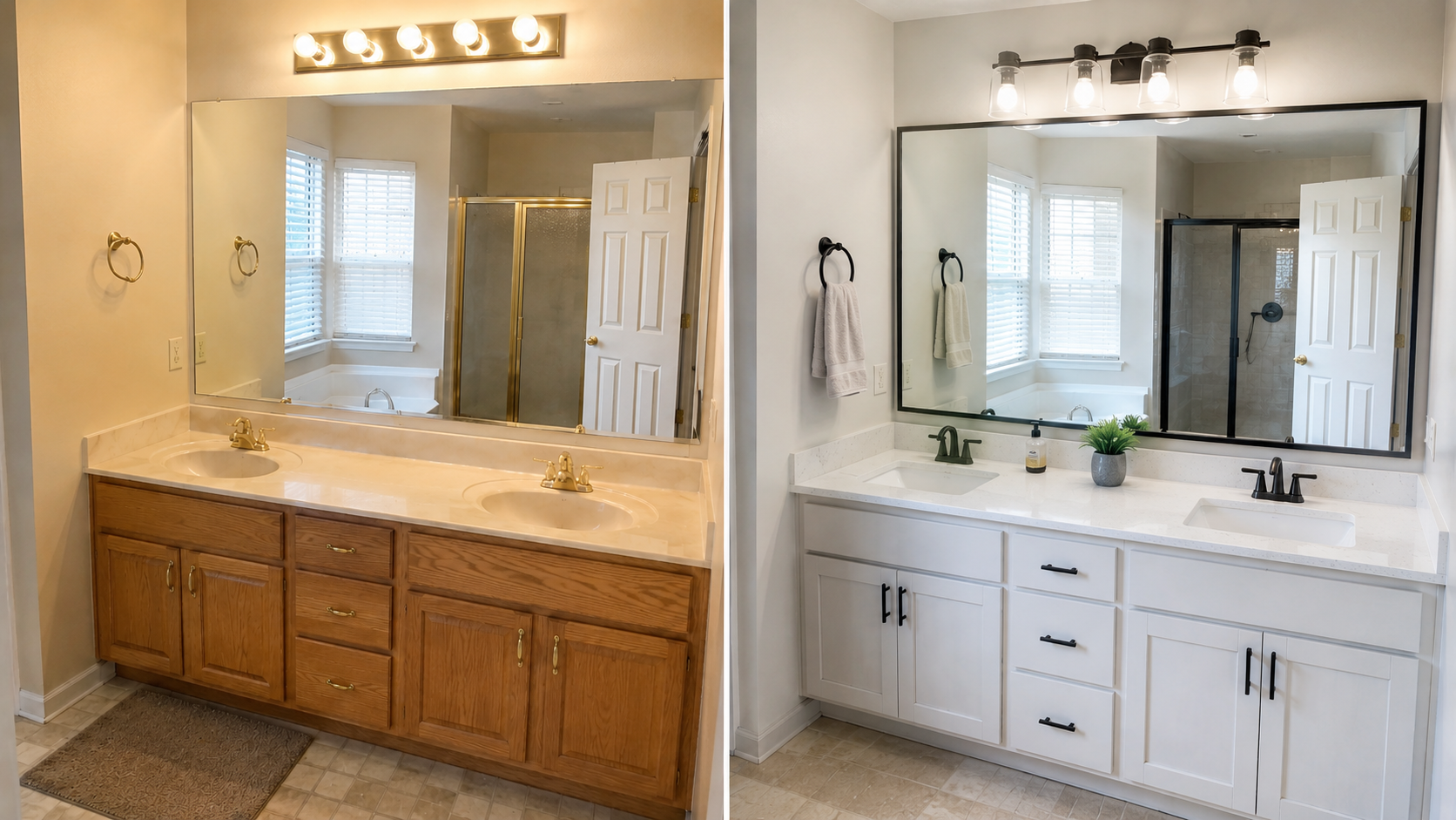 Before and after 1990s bathroom vanity update with new lighting, mirror, counter, faucets, and hardware.