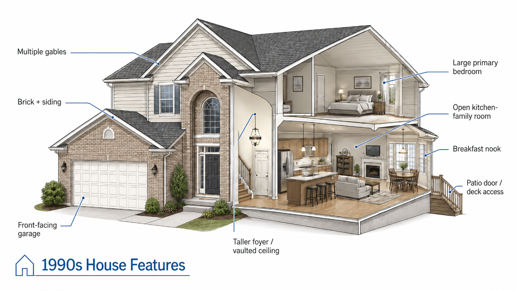 Diagram labeling the common exterior and layout features of a typical 1990s house.