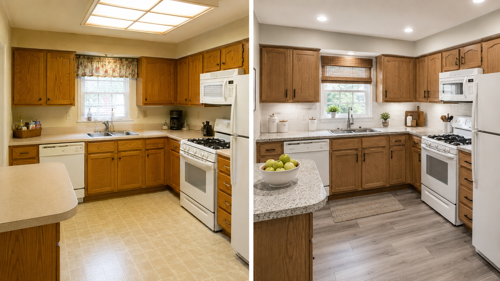 Before and after 1990s kitchen remodel with updated lighting, counters, backsplash, and cabinets.
