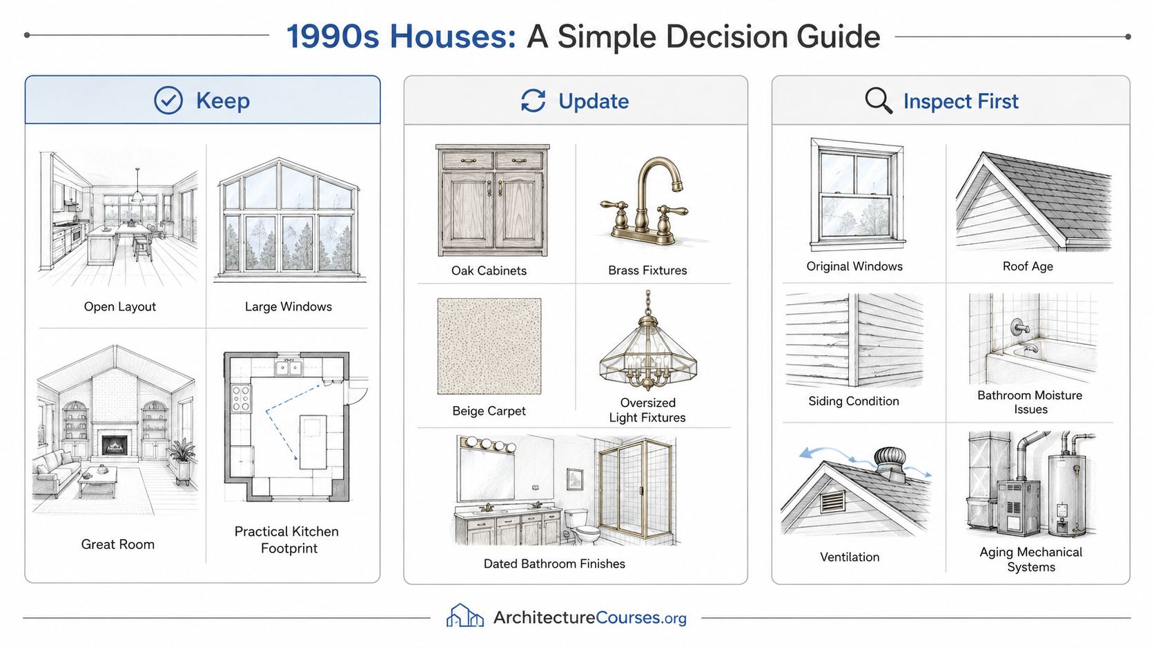 Diagram showing what to keep, update, and inspect first in a 1990s house.